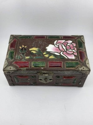 RARE ANTIQUE JAPANESE COPPER  BRASS-BOUND JEWELRY BOX W RAISED ENAMEL DECO MEIJI