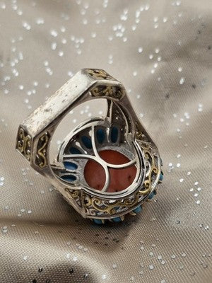 Rare 925 Sterling Silver Coral Turquoise Filigree Statement Ring Artisan Size 9