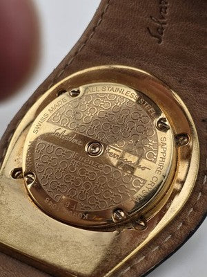 Salvatore Ferragamo Swiss Made Gold Plated Leather Watch Diamond Markers. Works.