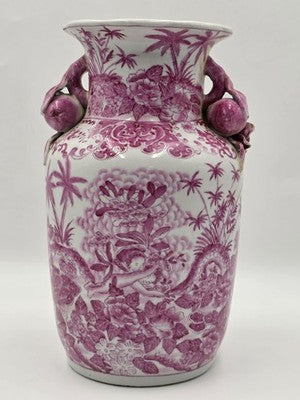 Vintage Chinese Porcelain Pink Chinoiserie Vase w Pommegranate Flowered Handles