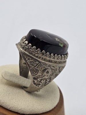 Antique Handcrafted Men Sterling Silver 925 Natural Dark Aqeeq Agate Ring Sz 9.