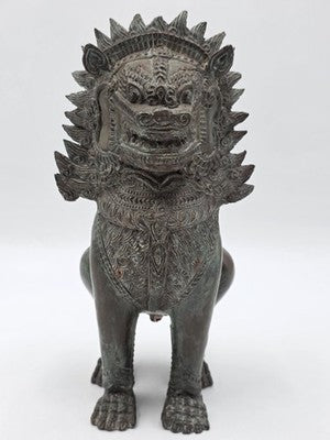 Rare Antique Thai Burmese Bronze Singha Temple Guardian Lion Statue 11" Tall.