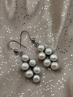 Vintage 925 Sterling Silver Cultured Pearl Cluster Dangle Earrings Pair. 1.5"