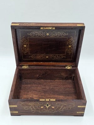 RARE ANTIQUE 19th C COLONIAL ROSEWOOD & FULL BRASS INLAY JEWELRY BOX.