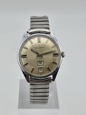 Rare Collectible Vintage HELBROS Invincible St. Steel Day Date Mens Watch. Works
