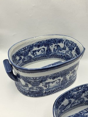 Pair XL Blue White Transferware Cachepot Jardiniere Planters Farm Animal Decor