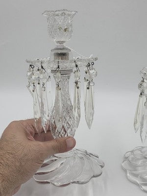 VINTAGE DUNCAN MILLER AMERICAN SANDWICH PAIR CANDLESTICKS W/BOBECHES AND PRISMS