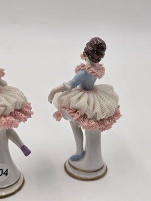 Vintage Dresden Style Porcelain Lace Ballerina Dancer Figurines Pair German 4"