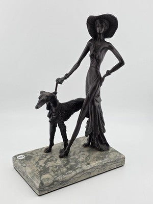 Rare 1930's Art Deco French Bronze Sculpture of Lady Walking Her Greyhound Dog.