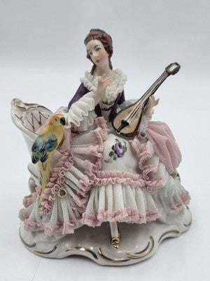 Vintage Dresden Art Germany Lace Porcelain Lady Musician Figurine Bird Bench