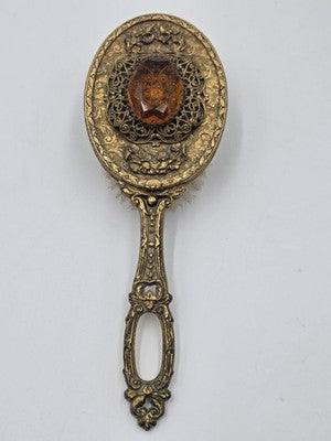 Antique Ornate Gilt Ormolu Vanity Set Amber Glass Jewelry Casket Mirror Brush