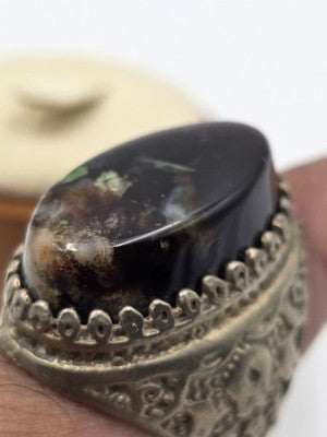 Antique Handcrafted Men Sterling Silver 925 Natural Dark Aqeeq Agate Ring Sz 9.