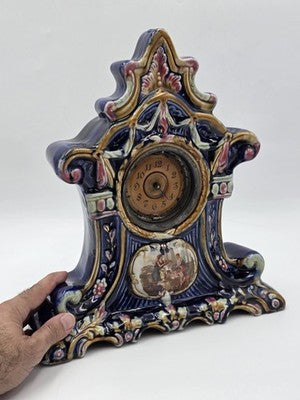 Rare Antique 19th C Porcelain Majelica Mantel Clock Hand Painted French. Read.