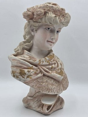Antique 1890's German Porcelain Bust Hand Painted Gilt Victorian Woman Sculpture