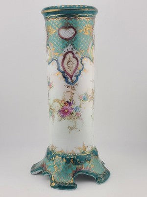 Antique 1920's OCO Japan Vase Turquoise Gold Floral Pedestal Spill Cabinet 9.5"
