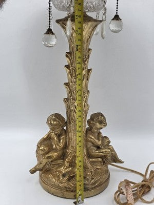 Antique Large Solid Brass Cherub Putti Table Lamp Hollywood Regency Gold. Works