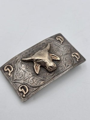 Nelson Co Sterling Silver 10K Solid Gold Bull Head Western Belt Buckle Engraved.