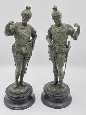 Rare Pair Of Antique Detailed Spelter Statues of Spanish Conquistadors. 15".