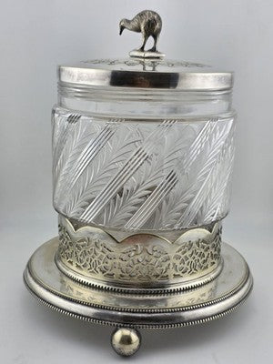 Rare 1880s Antique Hukin & Heath Biscuit Jar Cut glass & Silverplate W Kiwi Bird