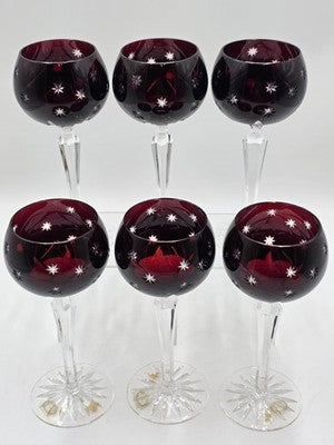 Set Of 6 Vintage Ajka Marsala Ruby Red Cut To Clear Crystal Hock Wine Glass