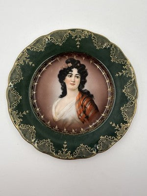 Rare Pair Of Antique 19th C Prussian Portrait Plate Green & gold Hand Painted
