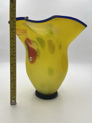 Azerbaijan Glassware Hand Blown Frosted Art Glass Vase Multicolor Wavy Rim Decor