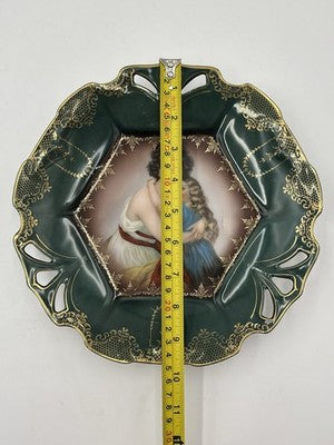 Rare Pair Of Antique 19th C Prussian Portrait Plate Green & gold Hand Painted