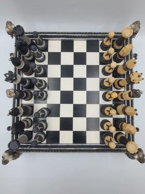 Rare Vintage Large Renaissance Style Resin Chess Set w Drawer Medieval Board 16”
