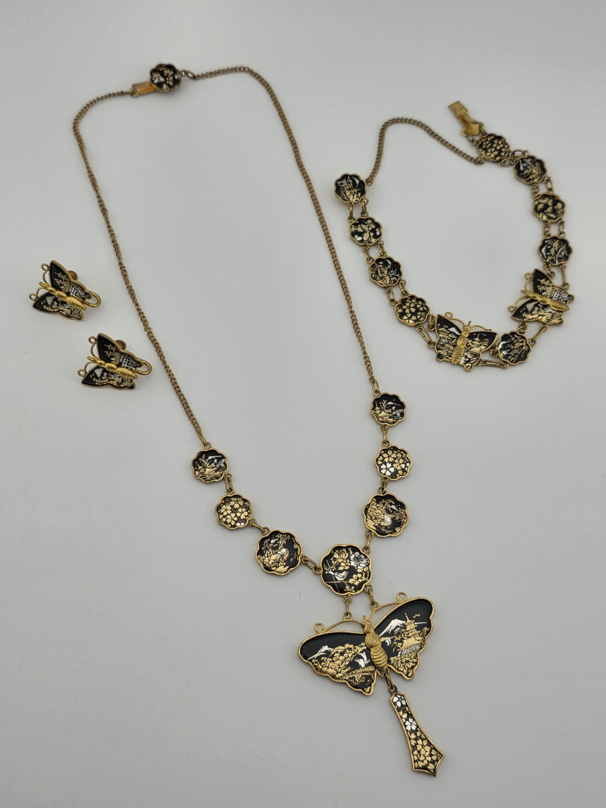 Rare 1940s Japanese 24K Gold Plated Damascene Butterfly Necklace Bracelet Set