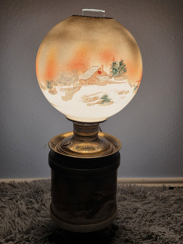 Antique Victorian 1890 Gone With The Wind Lamp Log Cabin Winter Snowy Scenery
