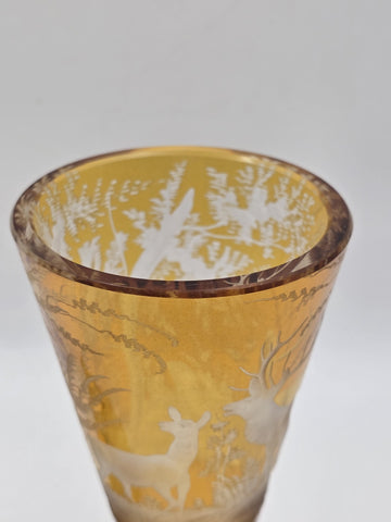 Rare Antique C1920's Bohemian Amber Cut to Clear Lidded Goblet Stag Forest Scene