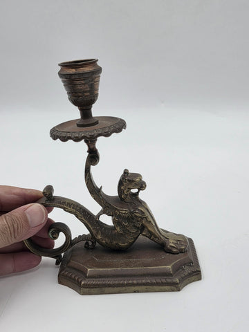Antique Pair Solid Bronze Griffin Candlesticks Renaissance Revival Winged Lions
