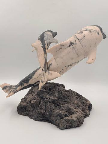 Rare Large Signed NLW Ltd Edition Stone Dolphin Sculpture 132/200 on Lava Base