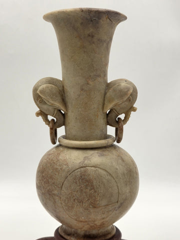 Antique Chinese Carved Hardstone Vase Elephant Ring Handles Stone Stand 12"