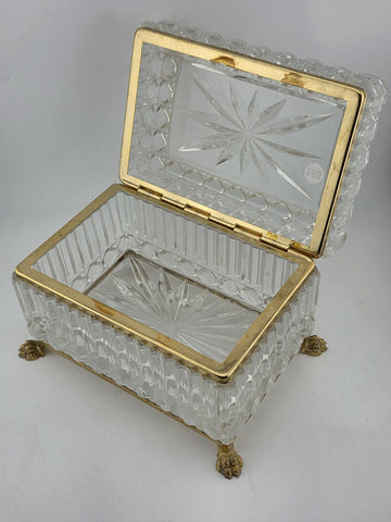 French Baccarat Style Jewelry Casket Footed Box Heavy Crystal Glass Hinged Lid