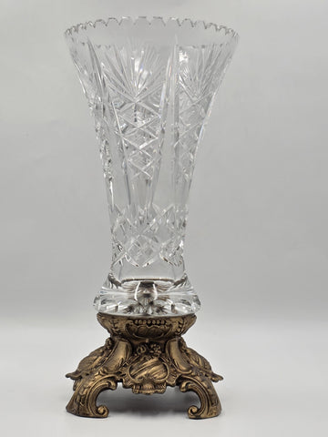 Rare Antique 19th C. Bohemian Cut Crystal Vase on Gilt Rococo Revival Stand