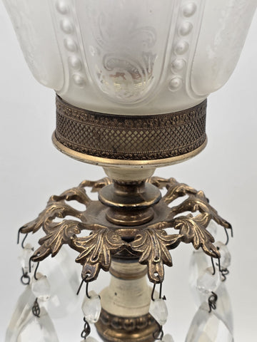 Antique Victorian Converted Table Lamp Etched Glass Shade Prism Drops 24"