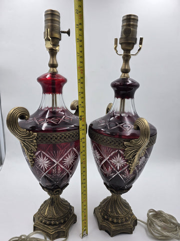 Pair Bohemian Ruby Red Crystal Lamp, Cut-to-Clear Czech Glass, Hollywood Regency