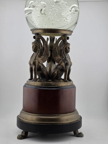 Antique Empire Revival Bronze Sphinx Jardiniere Stand on Marble Base W Glass Orb