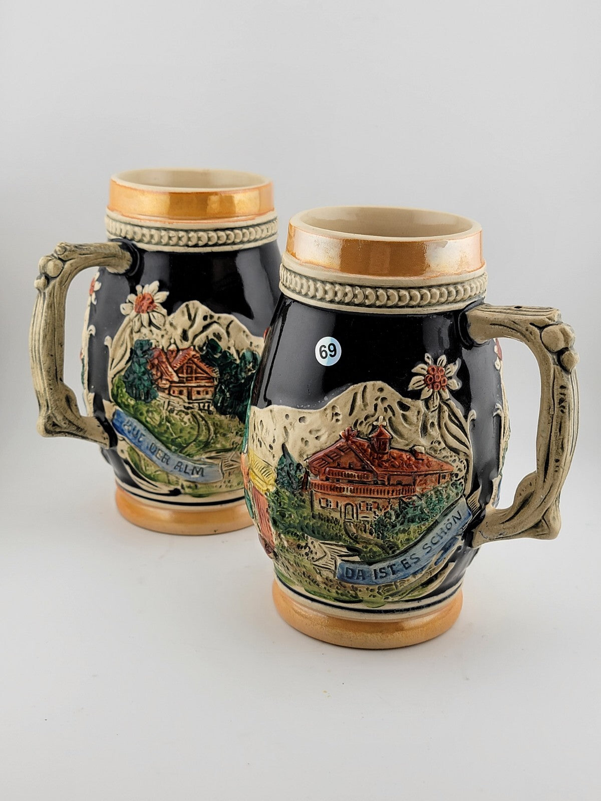 Lot Of 2 Vintage Hand Painted Ceramic West German Beer Stein. Bavaria Scene.