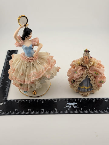 Set Of 2 Volkstedt Germany Dresden Lace Small Ballerina Pink Porcelain Figurines