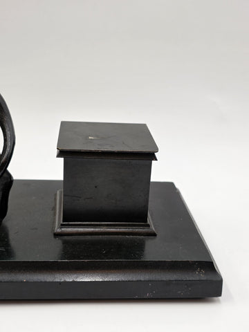 19th C Victorian Cast Iron Lion Double Inkwell Desk Set Antique Black Japanned.