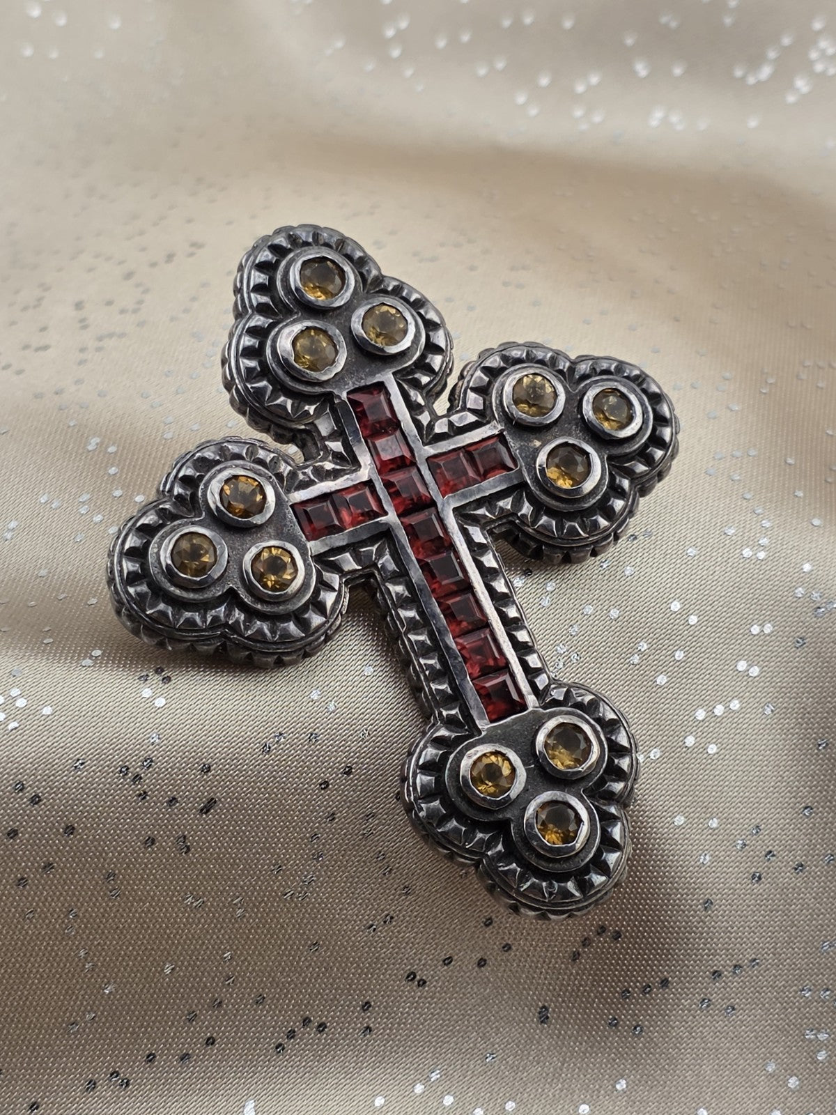 Vintage 8.45ctw Gemstone Cross Pendant 925 Sterling Silver Citrine Garnet Brooch