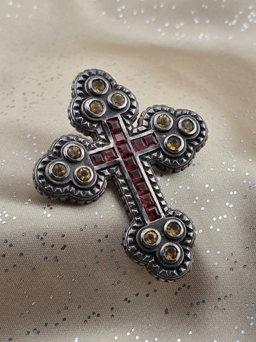 Vintage 8.45ctw Gemstone Cross Pendant 925 Sterling Silver Citrine Garnet Brooch