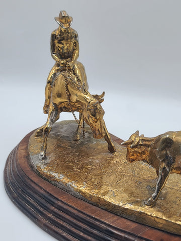 15 In Jim Reno Cutting Horse &Steer Rodeo Brass Trophy Sculpture Gold Color NCHA