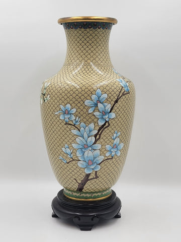 XL Cloisonné Vase Beautiful Floral  Fine Wirework Interior Brass 17 inches tall