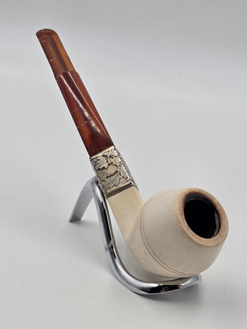 Antique Meerschaum Tobacco Pipe Sterling Silver Mount Cognac Amber Stem c.1890