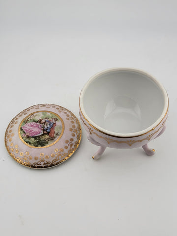 Antique Porcelain Victorian Love Scene 3 Footed Trinket Box w/ Cross Arrow Mark