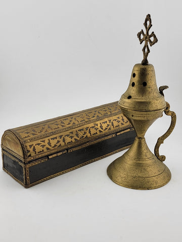 Set Of 2 Antique Islamic Middle Easter Brass and Wood Ornate Incense Burners.