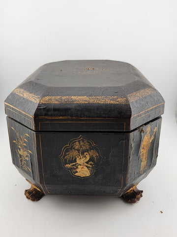 Rare 1800's Antique Chinese Gilt Lacquered Tea Caddy w/ Pewter Containers.